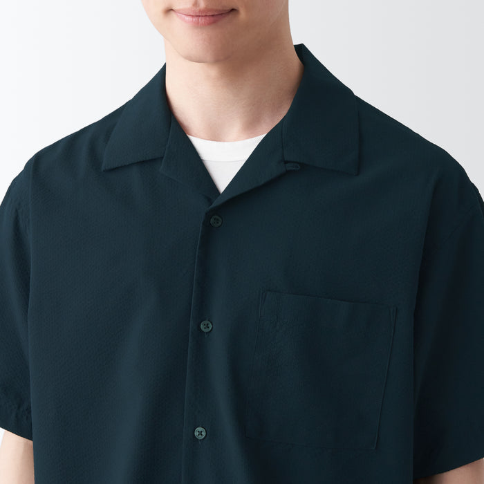 Men's Seersucker Open Collar Short Sleeve Shirt | MUJI USA