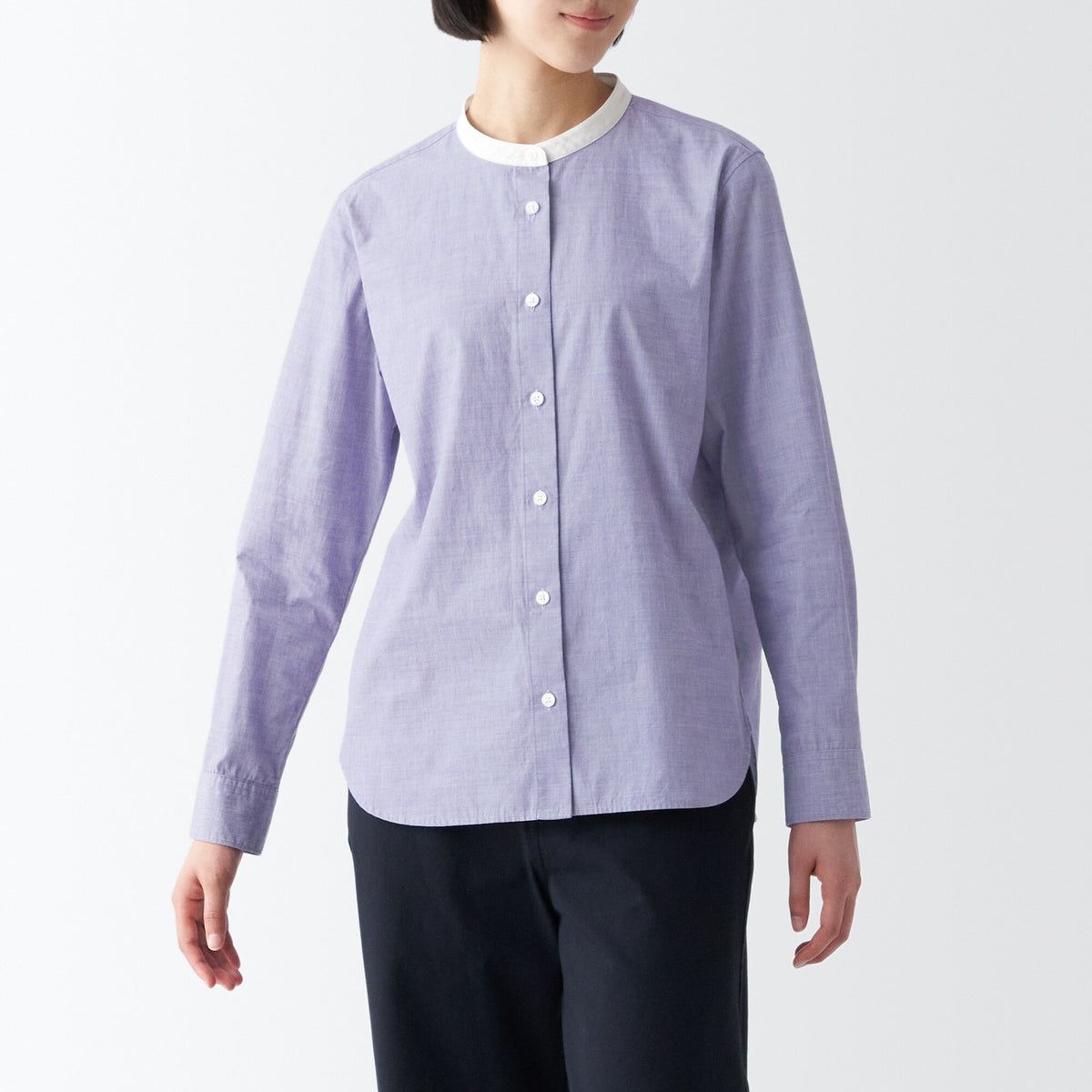 Women's Washed Broad Stand Collar Long Sleeve Shirt | MUJI USA