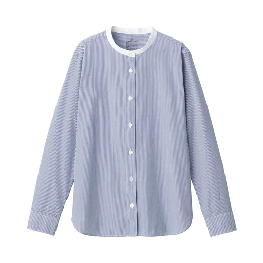 Women's Washed Broad Stand Collar Long Sleeve Shirt Navy Stripe MUJI