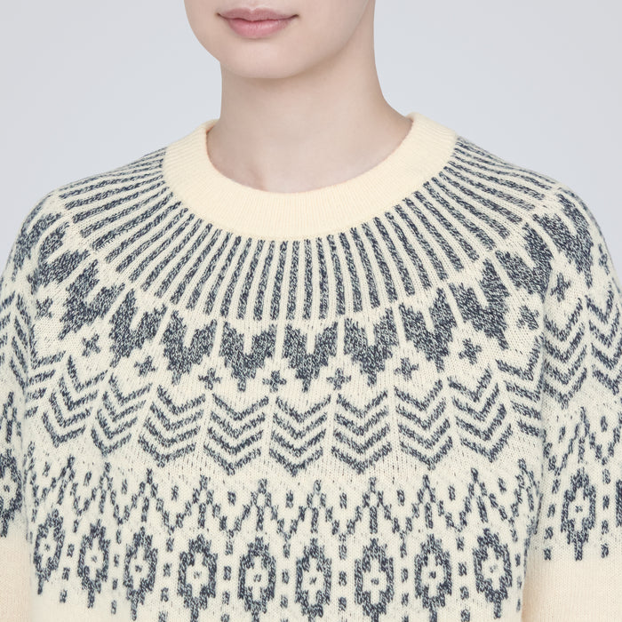 Women's Merino Wool Jacquard Crew Neck Sweater | Winter Sweaters | MUJI USA Off White Pattern / Xs