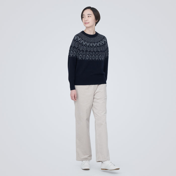 Women's Merino Wool Jacquard Crew Neck Sweater | Winter Sweaters | MUJI USA Off White Pattern / Xs