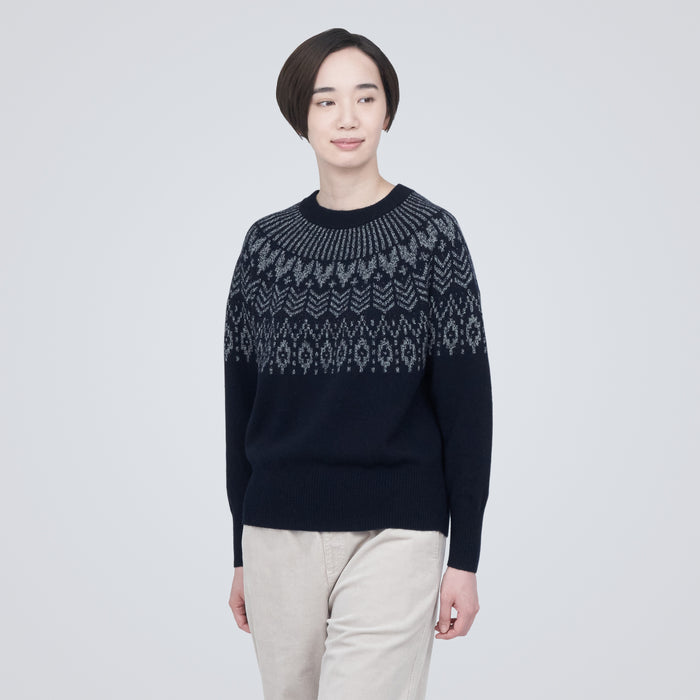 Women's Merino Wool Jacquard Crew Neck Sweater | Winter Sweaters | MUJI USA Off White Pattern / Xs