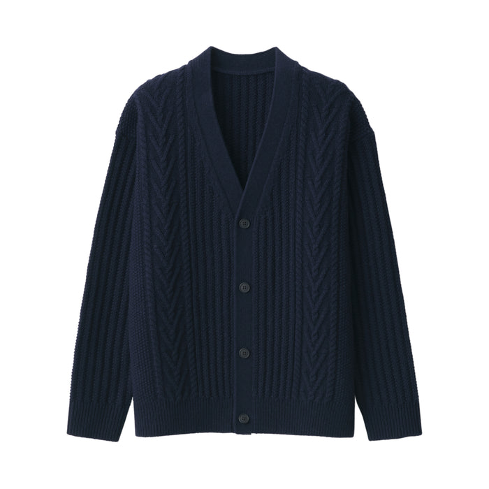 Men's Merino Wool Cable Pattern V Neck Cardigan | MUJI USA