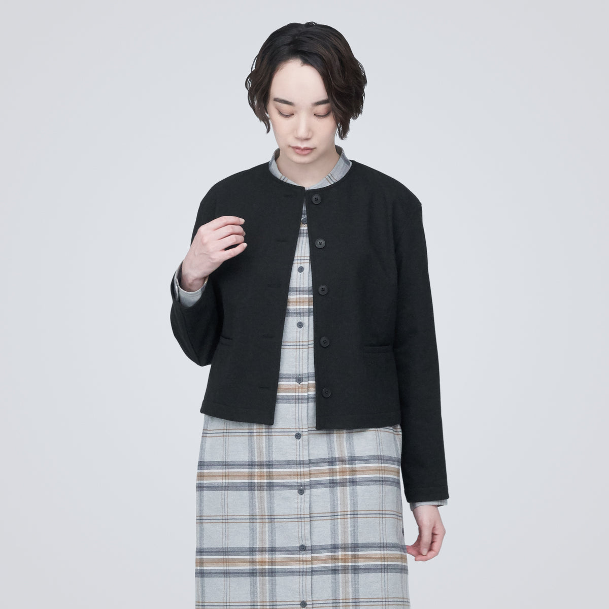 Mixed Material Collarless Jacket - Women - Ready-to-Wear