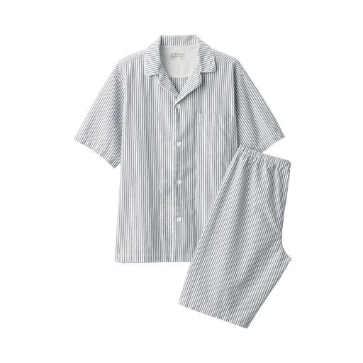 Men's Side Seamless Seersucker Short Sleeve Pajamas Navy Stripe MUJI