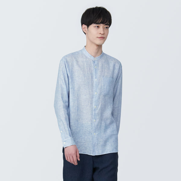 Men's Linen Stand Collar Long Sleeve Patterned Shirt