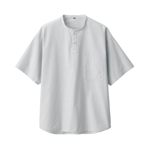 Men's Cool Touch Henley Neck Short Sleeve Woven Patterned T-Shirt Gray Stripe MUJI