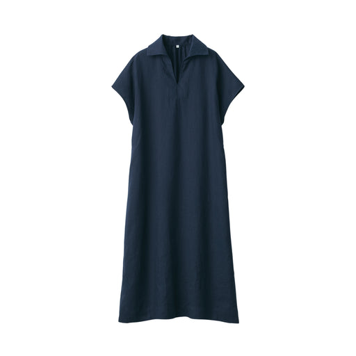 Women's Washed Linen Skipper Collar Short Sleeve Dress Dark Navy MUJI