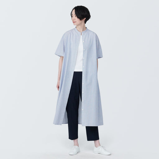 Women's Cool Touch Broadcloth Stand Collar Patterned Short Sleeve Dress MUJI