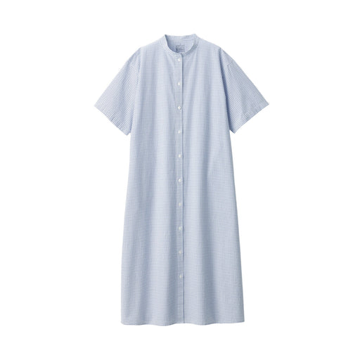 Women's Cool Touch Broadcloth Stand Collar Patterned Short Sleeve Dress Blue Check MUJI