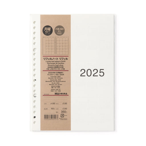 Loose Leaf Paper Monthly Planner From December 2024 - A5 - Monday Start - No Holidays MUJI