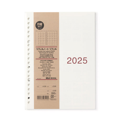 Loose Leaf Paper Monthly Planner From December 2024 - A5 - Monday Start MUJI