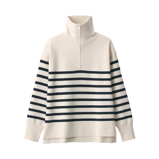 Women's Washable Milano Ribbed Half Zip Striped Sweater Off White Stripe MUJI