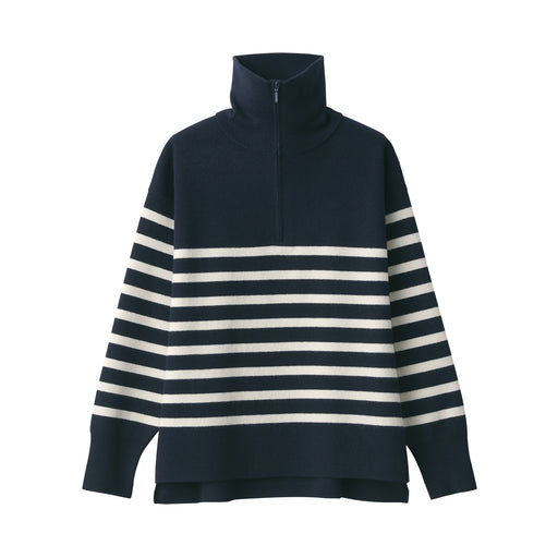 Women's Washable Milano Ribbed Half Zip Striped Sweater Navy Stripe MUJI