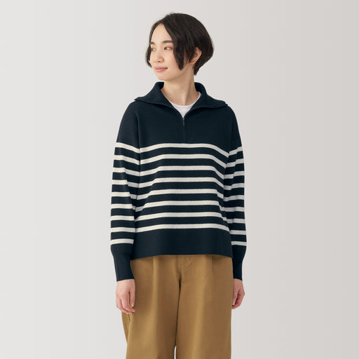 Women's Washable Milano Ribbed Half Zip Striped Sweater MUJI