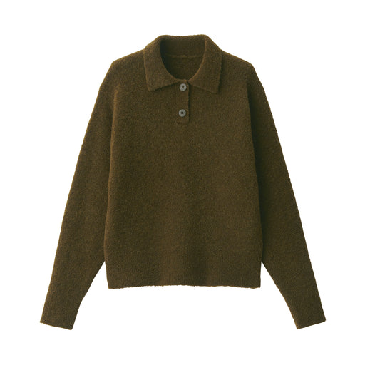 Women's Wool Blend Boucle Polo Sweater Khaki Green MUJI