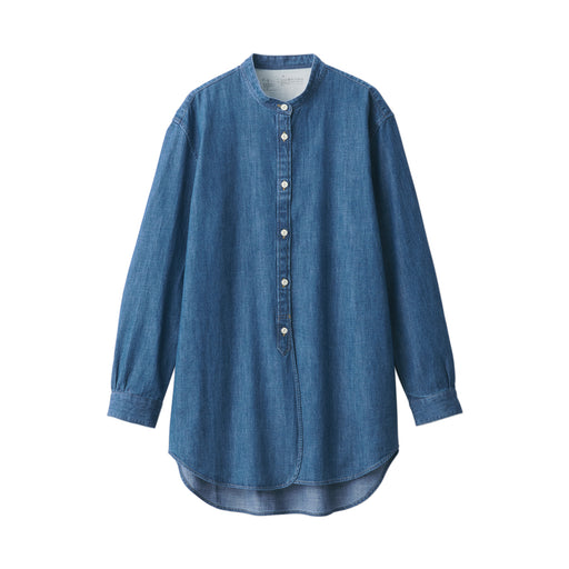 Women's Washed Denim Stand Collar Long Shirt Blue MUJI