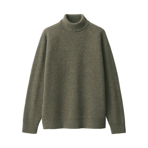 Men's Wool Yak Ribbed Turtleneck Sweater Khaki Green MUJI USA