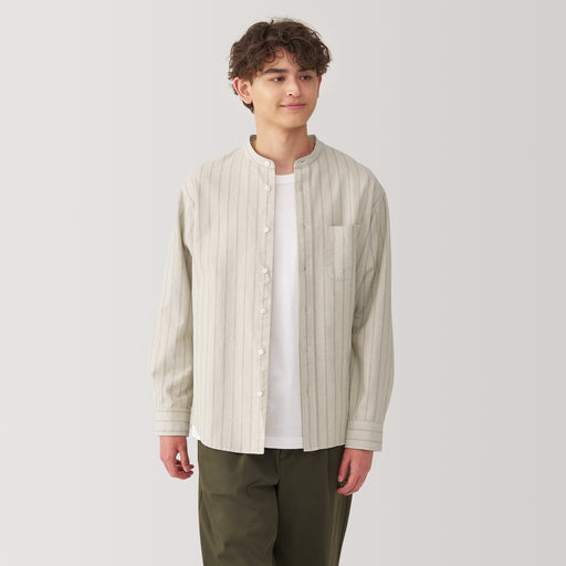 Men's Washed Oxford Stand Collar Long Sleeve Striped Shirt MUJI