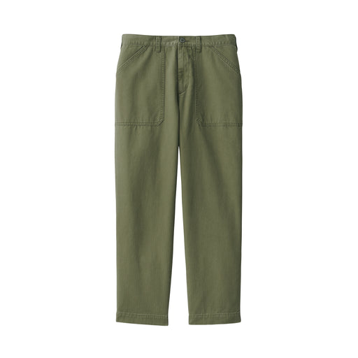 Men's Washed Herringbone Baker Trousers Khaki Green MUJI