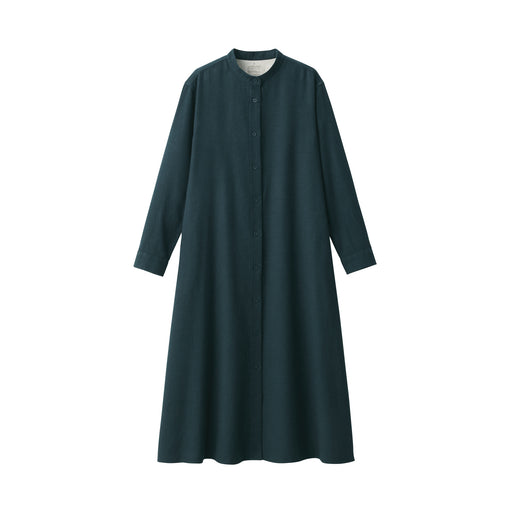 Women's Flannel Stand Collar Long Sleeve Dress Dark Green MUJI