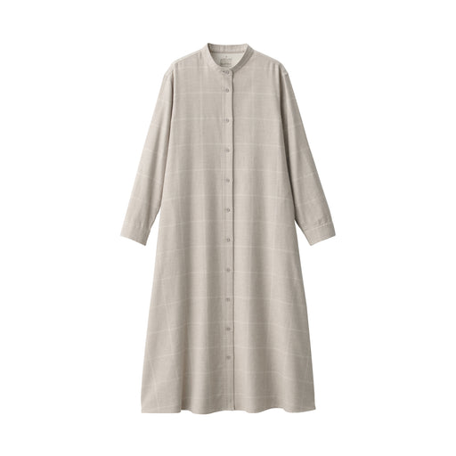 Women's Flannel Stand Collar Long Sleeve Patterned Dress Beige Check MUJI