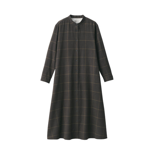 Women's Flannel Stand Collar Long Sleeve Patterned Dress Smoky Brown Check MUJI