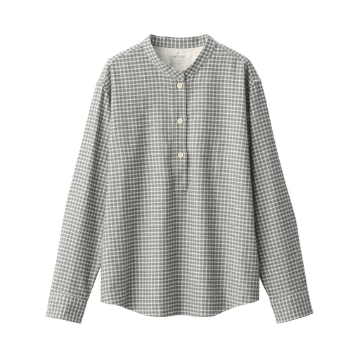 Women's Flannel Stand Collar Long Sleeve Patterned Blouse Gray Check MUJI