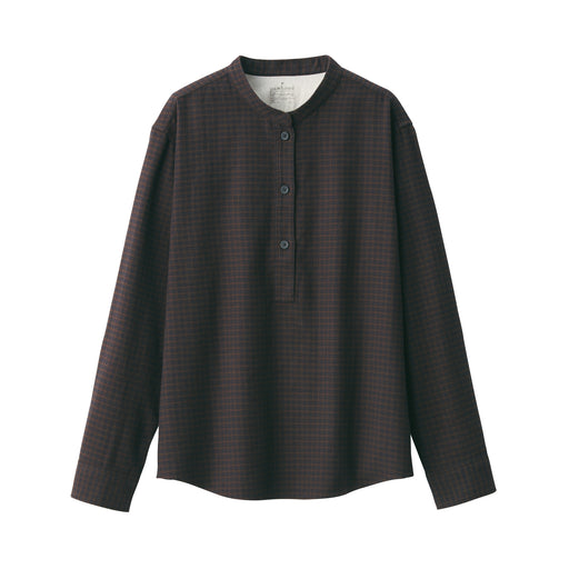 Women's Flannel Stand Collar Long Sleeve Patterned Blouse Dark Brown Check MUJI