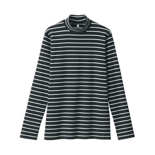 Women's Brushed Ribbed High Neck Long Sleeve Striped T-Shirt Black Stripe MUJI