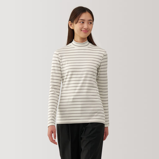 Women's Brushed Ribbed High Neck Long Sleeve Striped T-Shirt MUJI