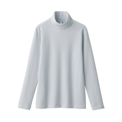 Women's Brushed Ribbed Turtleneck Long Sleeve Striped T-Shirt Light Gray Stripe MUJI