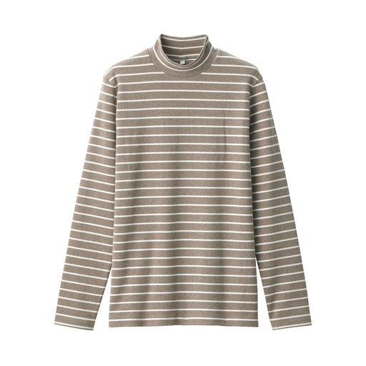 Women's Brushed Ribbed High Neck Long Sleeve Striped T-Shirt Mocha Brown Stripe MUJI