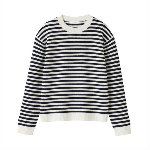 Women's Washable Waffle Knit Crew Neck Striped Sweater Navy Stripe MUJI