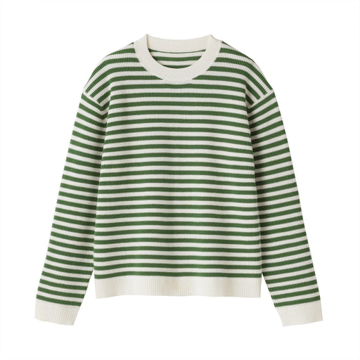 Women's Washable Waffle Knit Crew Neck Striped Sweater Green Stripe MUJI