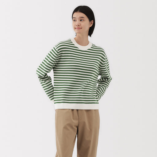 Women's Washable Waffle Knit Crew Neck Striped Sweater MUJI