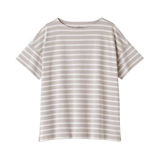 Women's Boat Neck Short Sleeve Striped T-Shirt Sand Beige Pattern MUJI