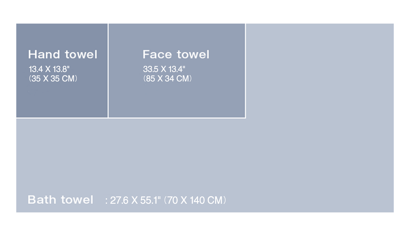 Towel Sizes: Hand Towel 13.4x13.8", Face Towel 33.5x 13.4", Bath Towel 27.6 x 55.1"