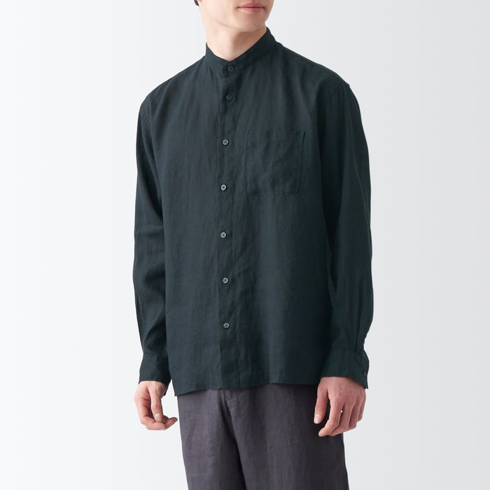 Men's Washed Hemp Stand Collar Long Sleeve Shirt | MUJI USA