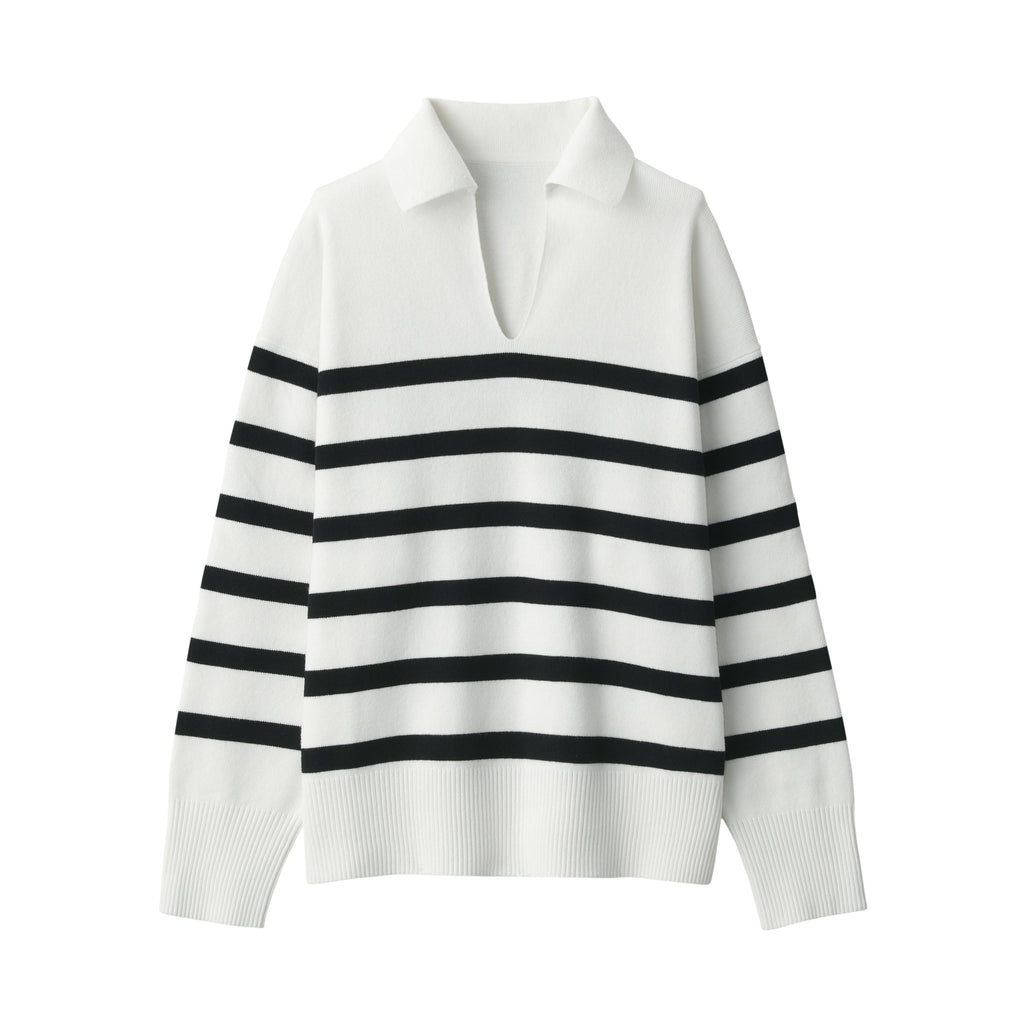 Women's Washable Milano Rib Knit Striped Skipper Polo Sweater