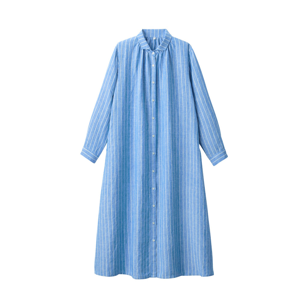 Women's Washed Linen Long Sleeve Striped Shirt Dress