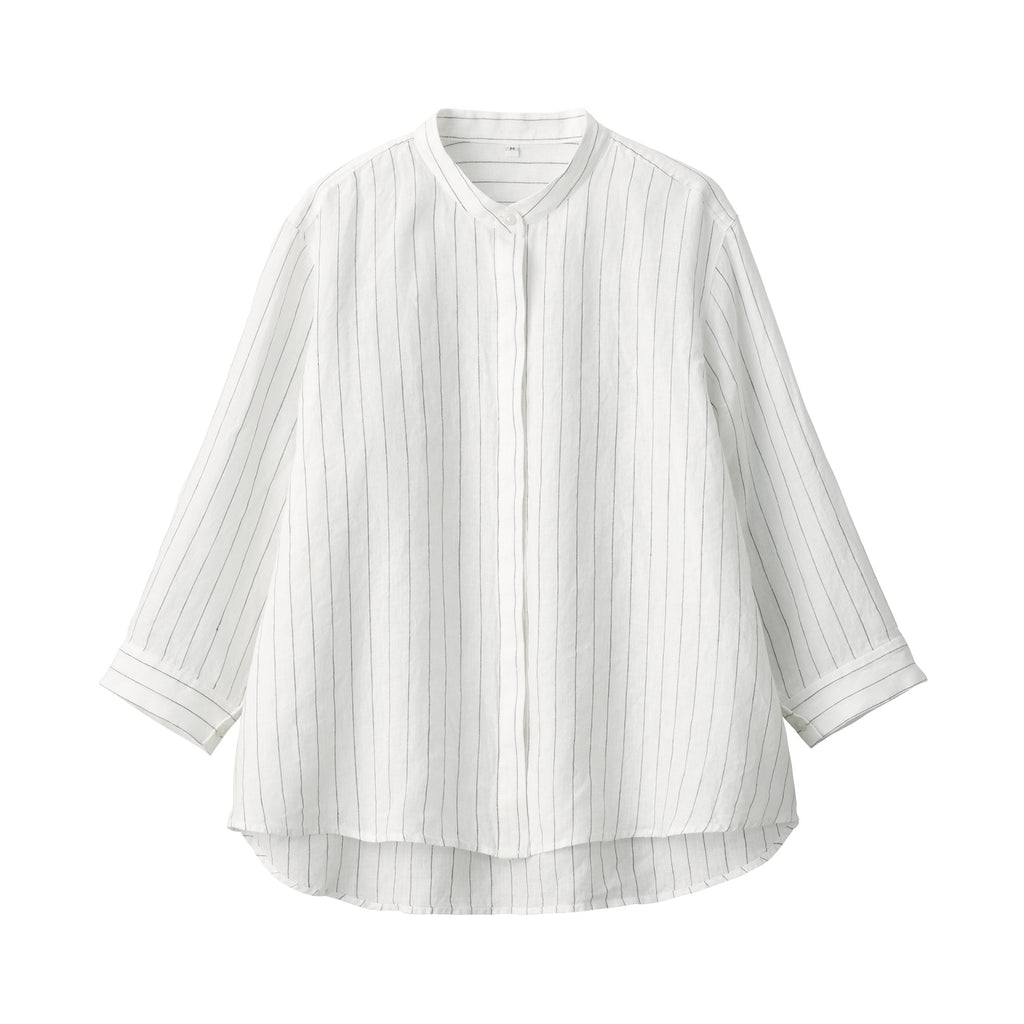 Women's Washed Linen Stand Collar 3/4 Sleeve Striped Blouse