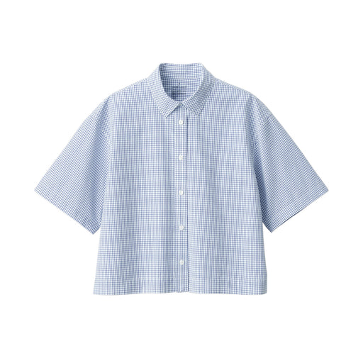 Women's Cool Touch Broad Collar Short Sleeve Patterned Shirt Blue Check MUJI